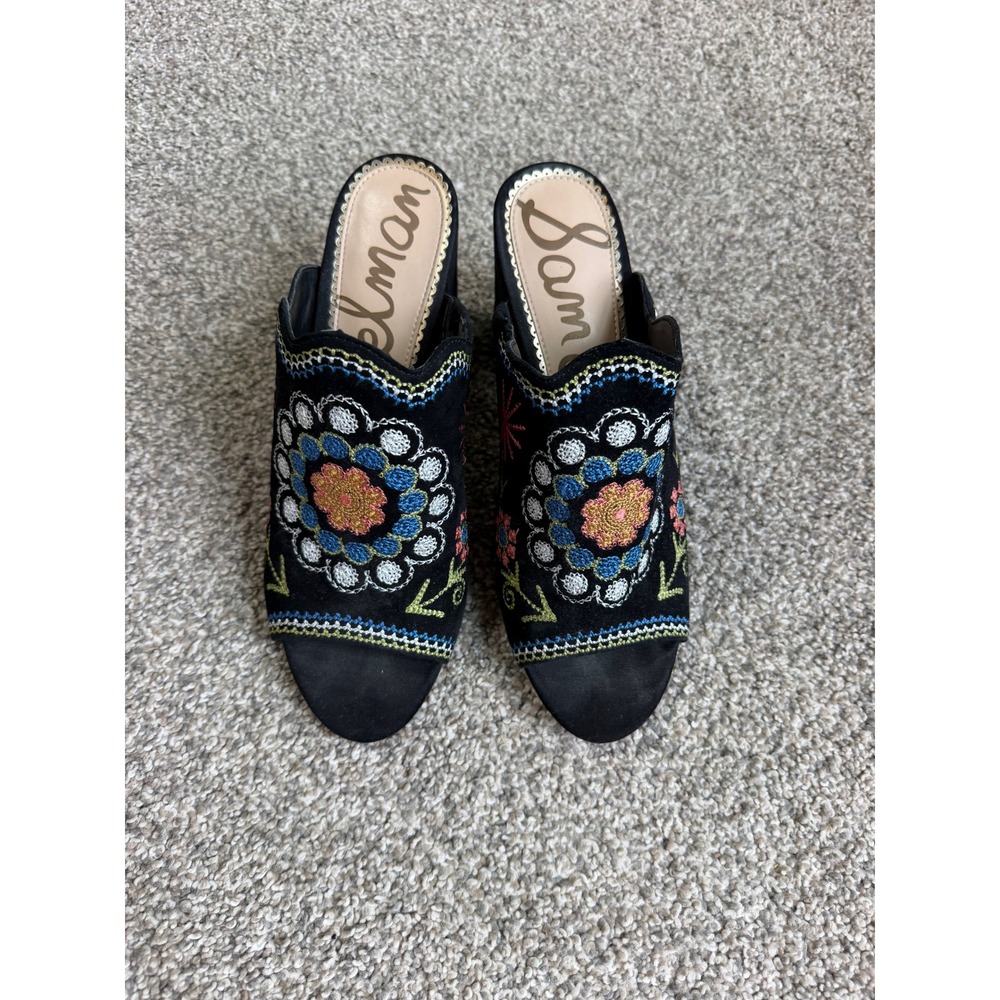 Sam Edelman Black Suede Embroidered Floral Block Heel Mules Peep Toe 8.5